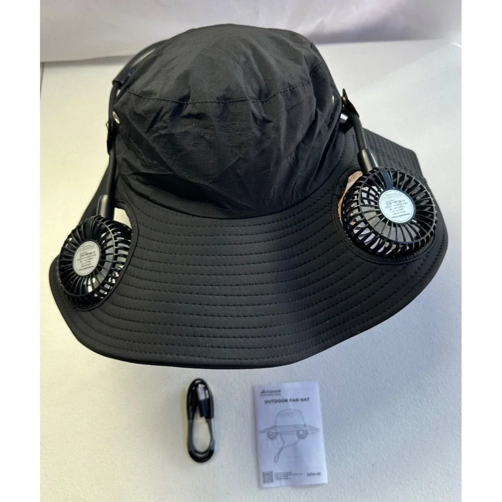 Wide Brim Sun Hat Dual Fans UV Protection Black Hiking Fishing Camping NEW Gear